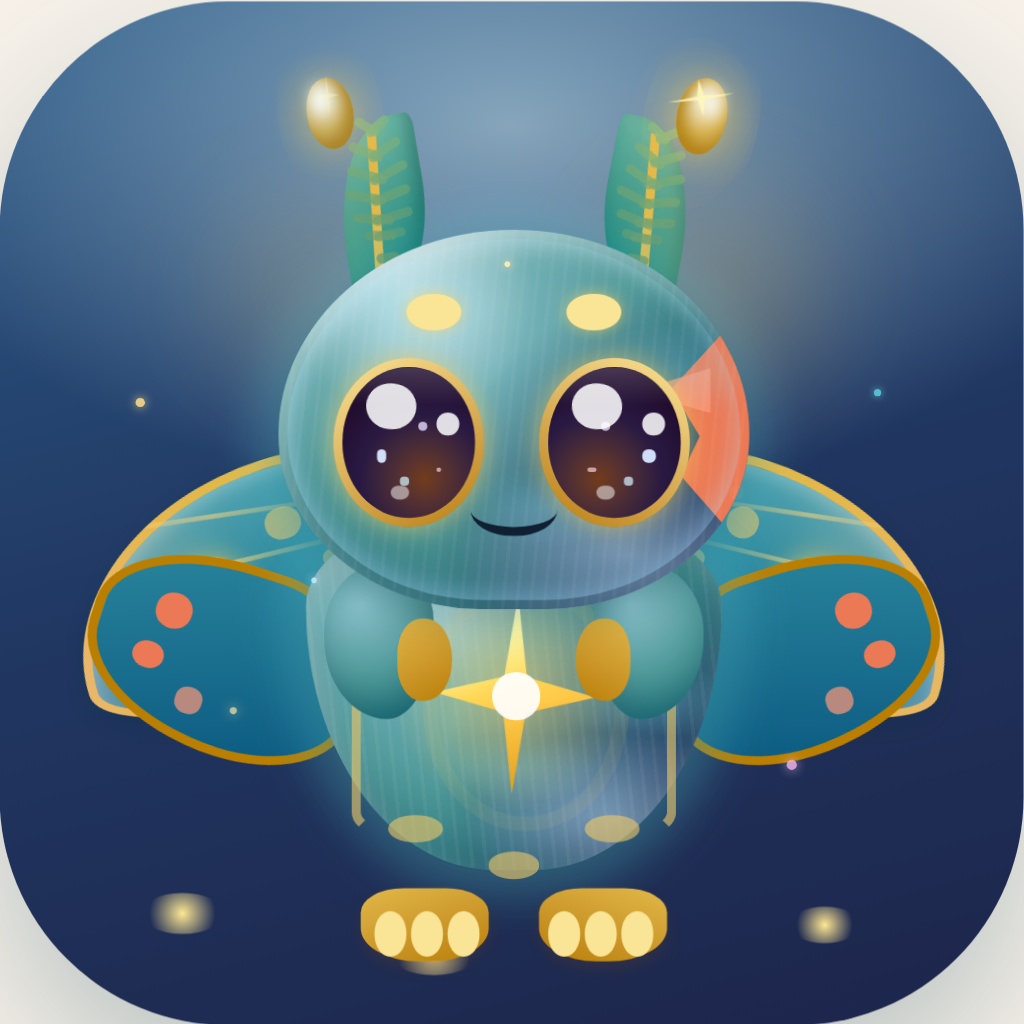 Hoshi, a luminous teal lantern-moth with gold wings, glowing antennae and big curious eyes